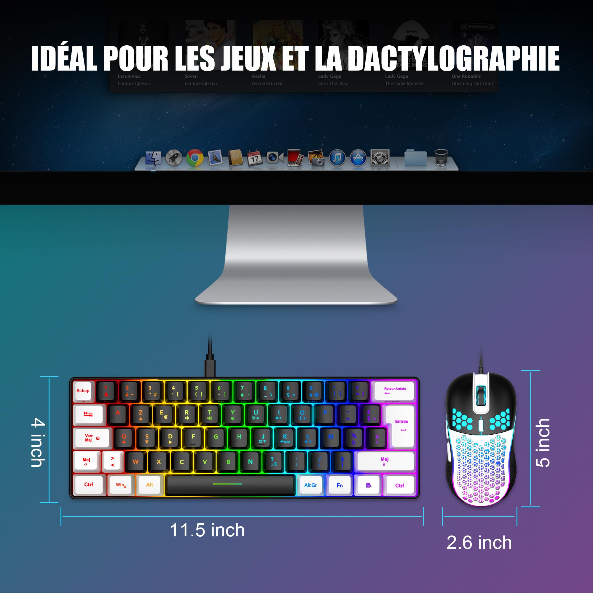 RedThunder 60% Set di tastiera e mouse 2 in 1 Gamer, AZERTY FRANCESE, Mini tastiera ultra-compatta retroilluminata RGB 62 tasti, mouse leggero 6 pulsanti 7200 DPI per PC Mac PS5 Xbox (nero-bianco)