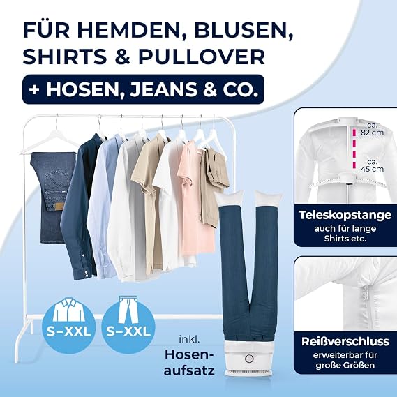 CLEANmaxx Automatic shirt iron for drying and smoothing shirts and blouses including attachment for trousers the innovative and gentle way to smooth your laundry
