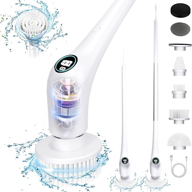 Electric Spin Scrubber Electric Bathroom Scrubber with 6 Replacement Head Dual Speed Shower Scrubber for Cleaning with Long