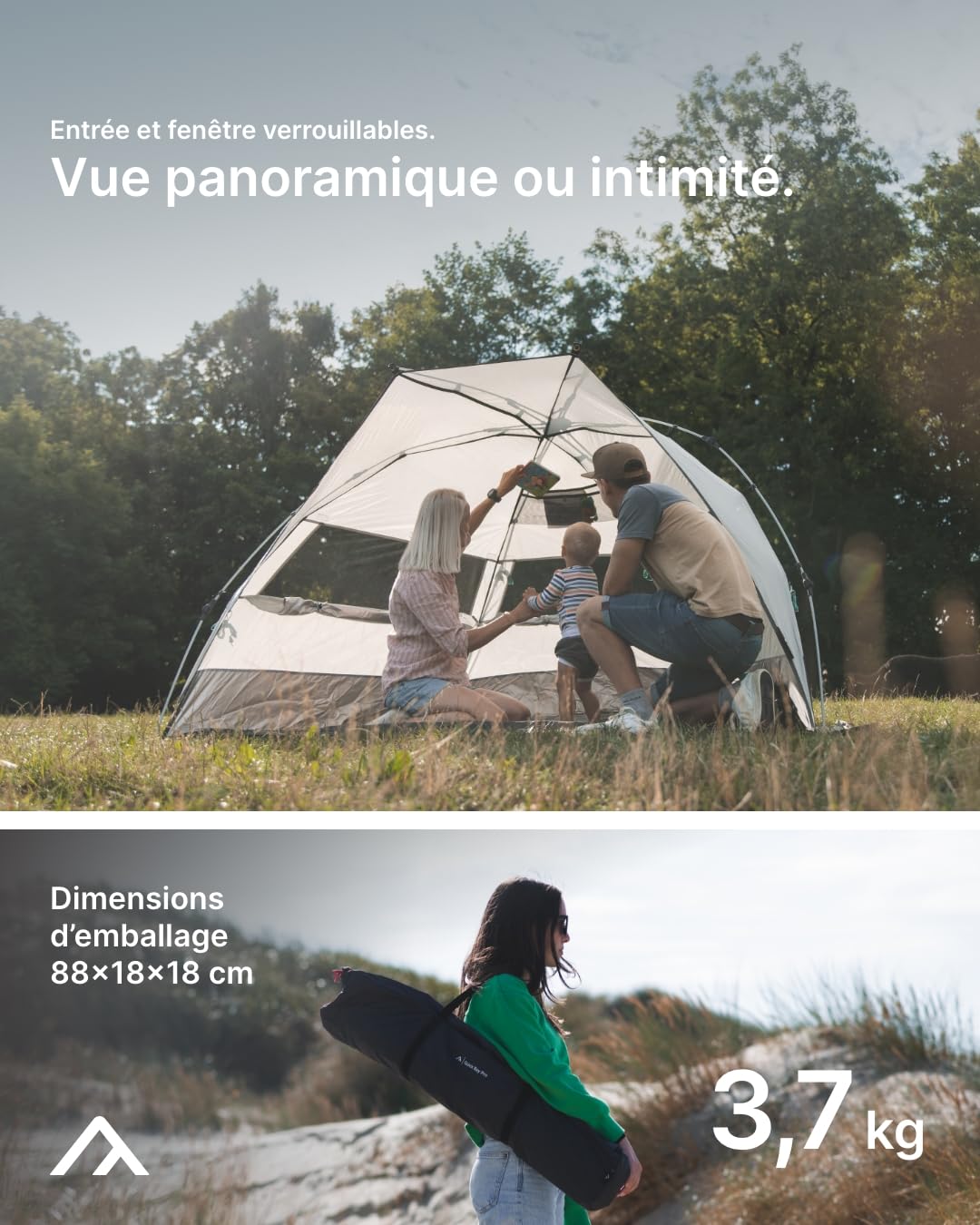 qeedo Quick Bay Pro Grande Tente de Plage UV80 pour 3 Personnes, avec piquets de Sable et Sac de Transport - Protection Solaire pour familles, Enfants, bébés ou Chiens - Gris Sable.