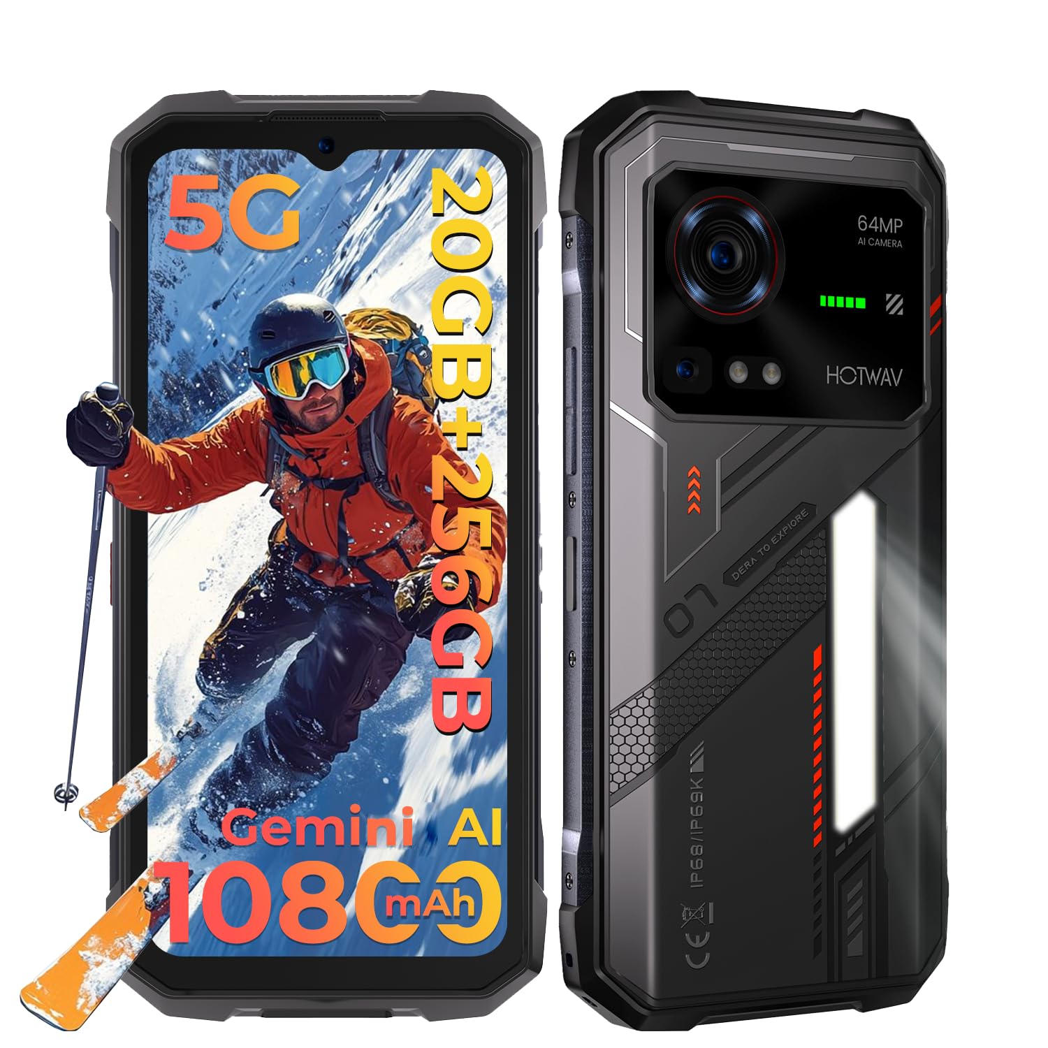HOTWAV Hyper 7 Rugged Phone 5G Unlocked 2025, 20GB + 256GB/2TB Rugged Smartphone Android 14, 10800mAh 33W, 6.6" FHD+ 120Hz 2K Waterproof Phone, 64MP + 32MP Cell Phone, NFC/GPS/OTG/Fingerprint/T-Mobile