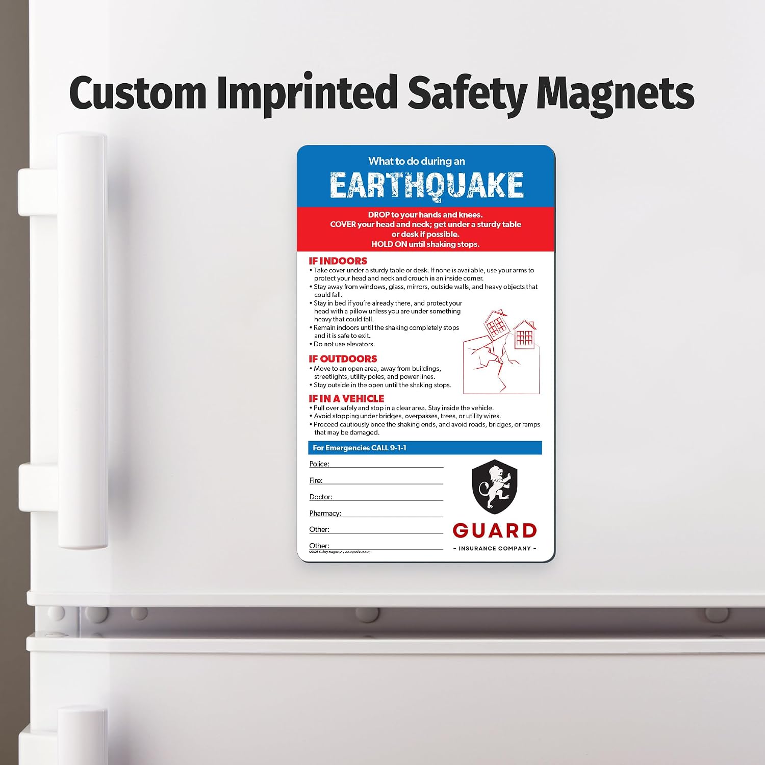 Safety Magnets by ZOCO – 100-Pack Custom Earthquake Emergency Quick Reference Cards – Bulk Promotional Product with Logo & Imprint for Businesses, Local Government, Community Groups – 5.25" x 8.5"