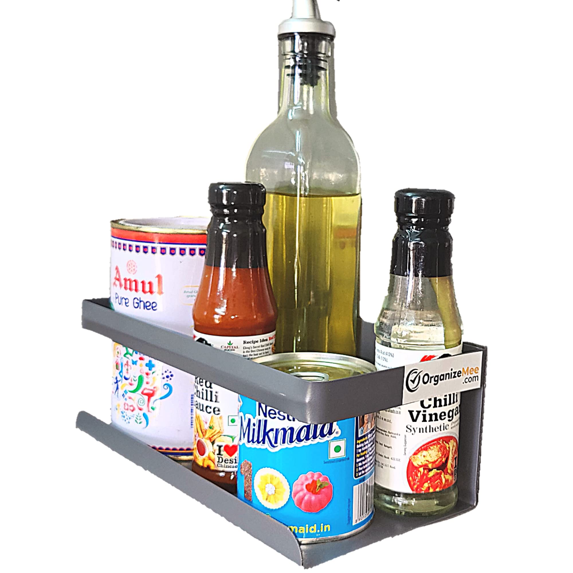 OrganizeMee Metal Magnetic Spice Rack & Kitchen Organizer (25 X 12 Cm) Maximize Space, Declutter Counters | Fridge, Washing Machine Storage | Magnetic Shelf Organizer For Spices, Utensils (Grey)