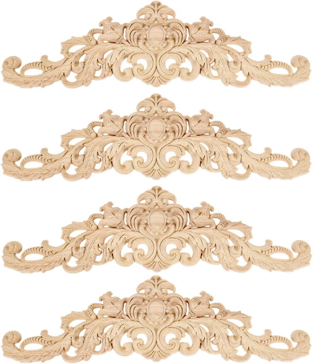 MUXSAM Long Wood Carved Appliques Onlays, 4-Pack Unpainted Decorative Corner Carving Decals Set for Wall Door Cabinet Mirror Closet Wardrobe Dresser Mantel Staircase DIY Project, 40x11cm/15.75"x4.33"