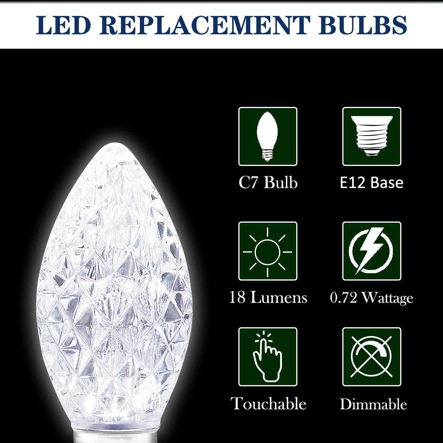 25 Pack C7 LED Replacement Bulbs- Cool White Bulbs Dimmable for Christmas Outdoor Indoor String Lights, IP65 Waterproof White LED Night Light Bulbs, 0.72 Watts, C7/E12 Candelabra Base