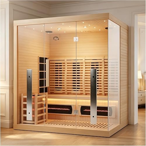 3-4 Person Hybrid Home Wood Sauna, Indoor WiFi Control Traditional Canadian Hemlock Steam & Far Infrared Saunas Spa with Red Light Tubes, 11 Heating Elements & Electric Stove, Accessories