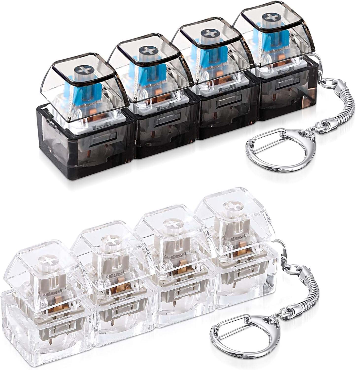 2 Pcs 4-in-1 Keyboard Adult Fidget Clicker Toy Silent and Loud Keyboard Fidget Keychain Cube Mechanical Key Button Clicker Stress Relief Gift for Office Home Pass Time(Clear Black White)