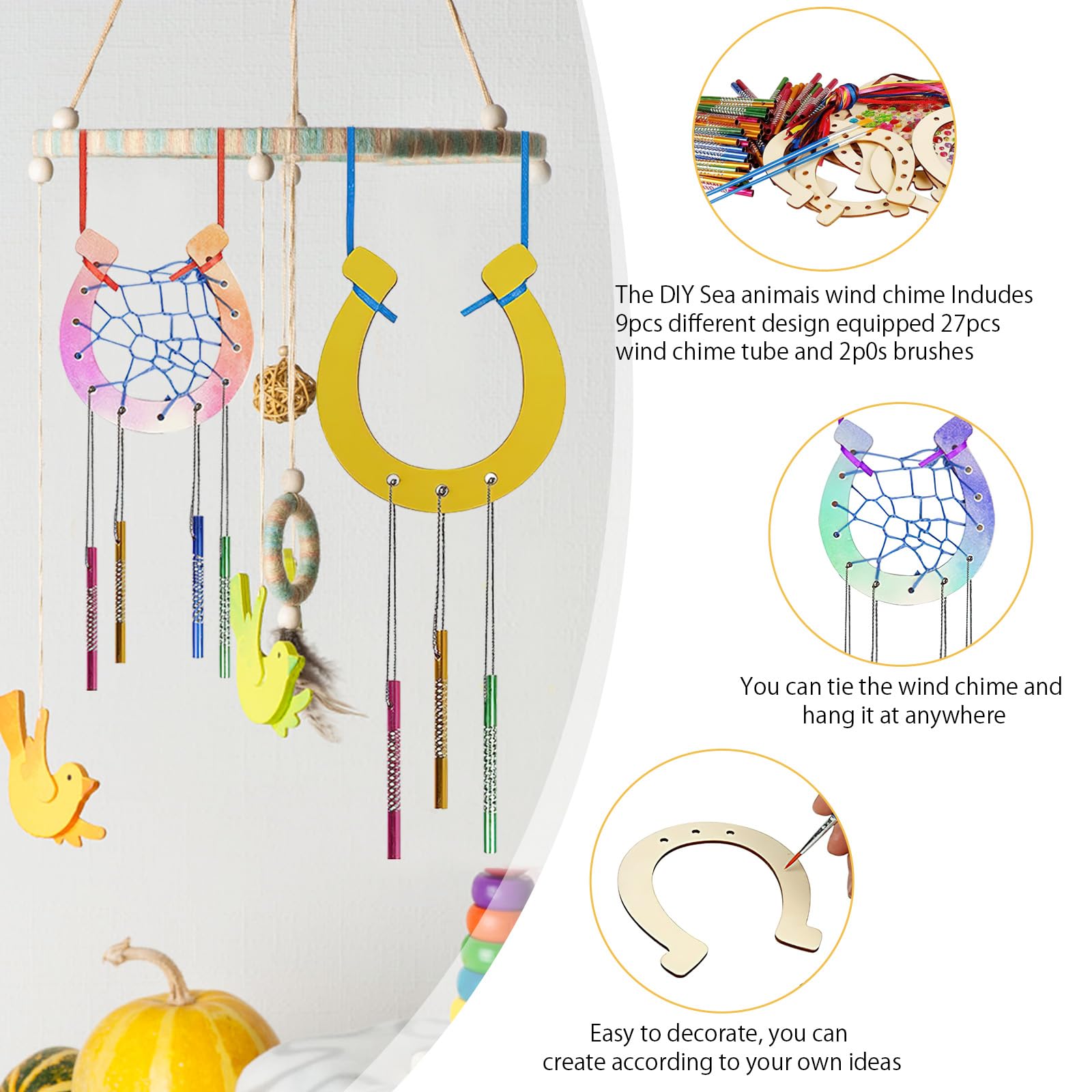 Kit DIY 16 Carillons à Vent Fer à Cheval En Bois - Avec Tubes, Cordes, Rubans, Pinceaux - Activité Créative Enfants, Déco Jardin, Fête