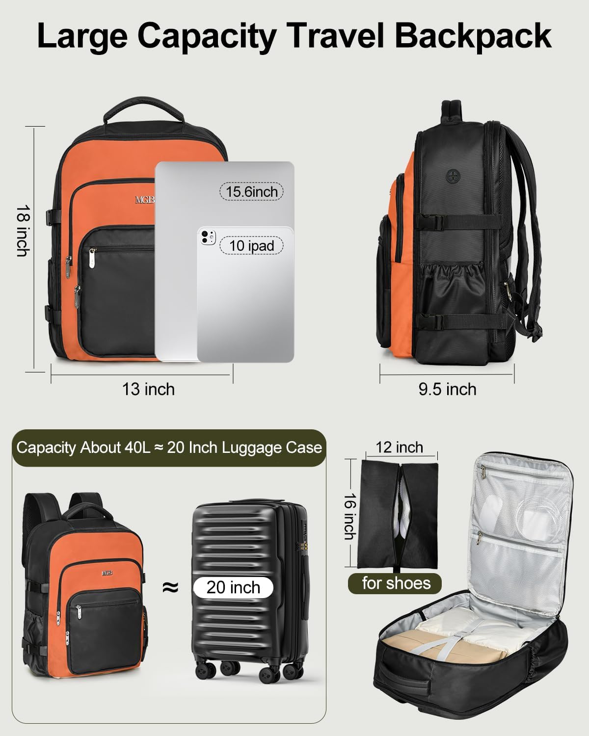 Travel Backpack for Women & Men, Carry On Personal Item Bag Flight Approved, Large Waterproof Laptop Backpack for Travel, Overnight, College & Commuting Black-Brown
