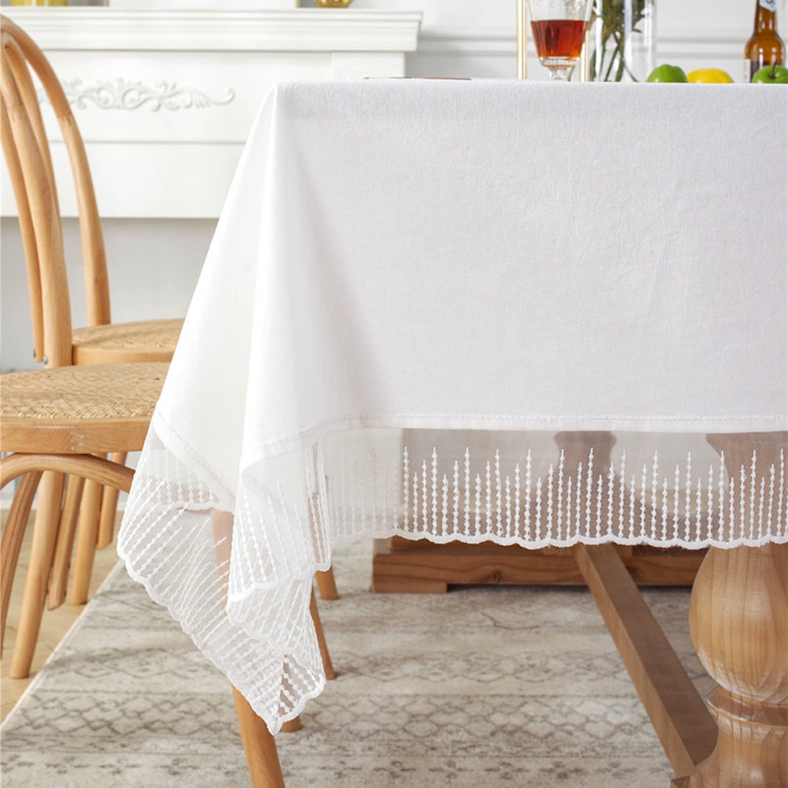 Rechteckige Tischdecken 120x120 cm, Baumwolle Tischwäsche Abwaschbar Einfarbig mit Spitze Gewellterrand Tischdecke für Küche Esstisch Dekoration, Weiß