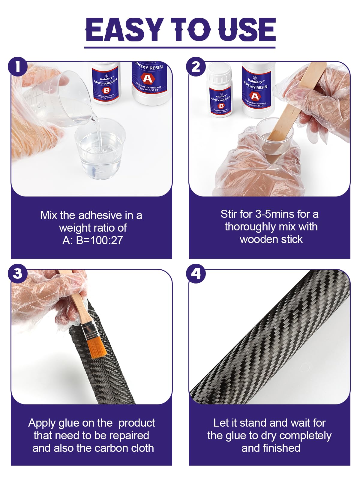 Kalolary 6P Kit de Réparation Fibre de Carbone, 100g Résine Époxy | 27g Durcisseur, Gobelets Doseurs, Bâtonnets de Mélange et Pinceau pour Réparations DIY Auto, Meubles, Vélos et Bateaux