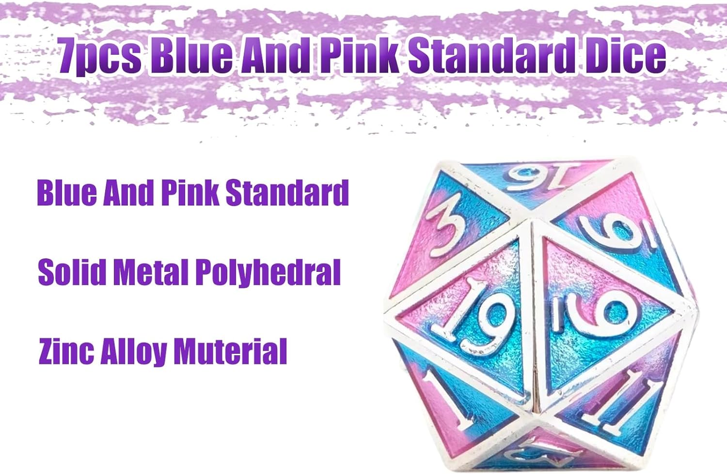 7pcs Blue and Pink Standard Dice, Solid Metal Polyhedral, Compatible with Role-Playing RPG Board Game Card Game