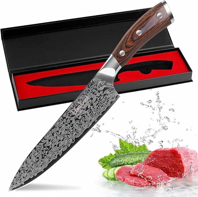 FineTool Kitchen Knife, 8 inch Professional Chef's Knives 7Cr17 Stainless Steel Vegetable Cleaver with pakkawood Wood, Sharpest Cooking Knives Best Choice for Home Kitchen and Restaurant