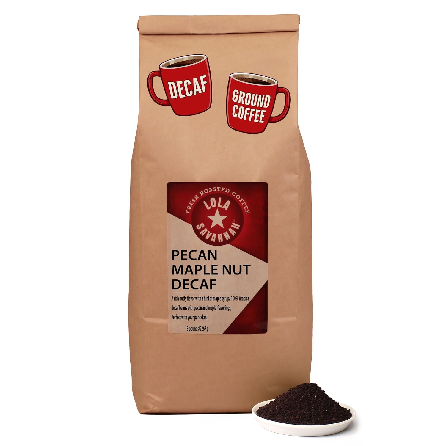 Lola Savannah Pecan Maple Nut Flavored Ground Decaf Coffee, 5lb