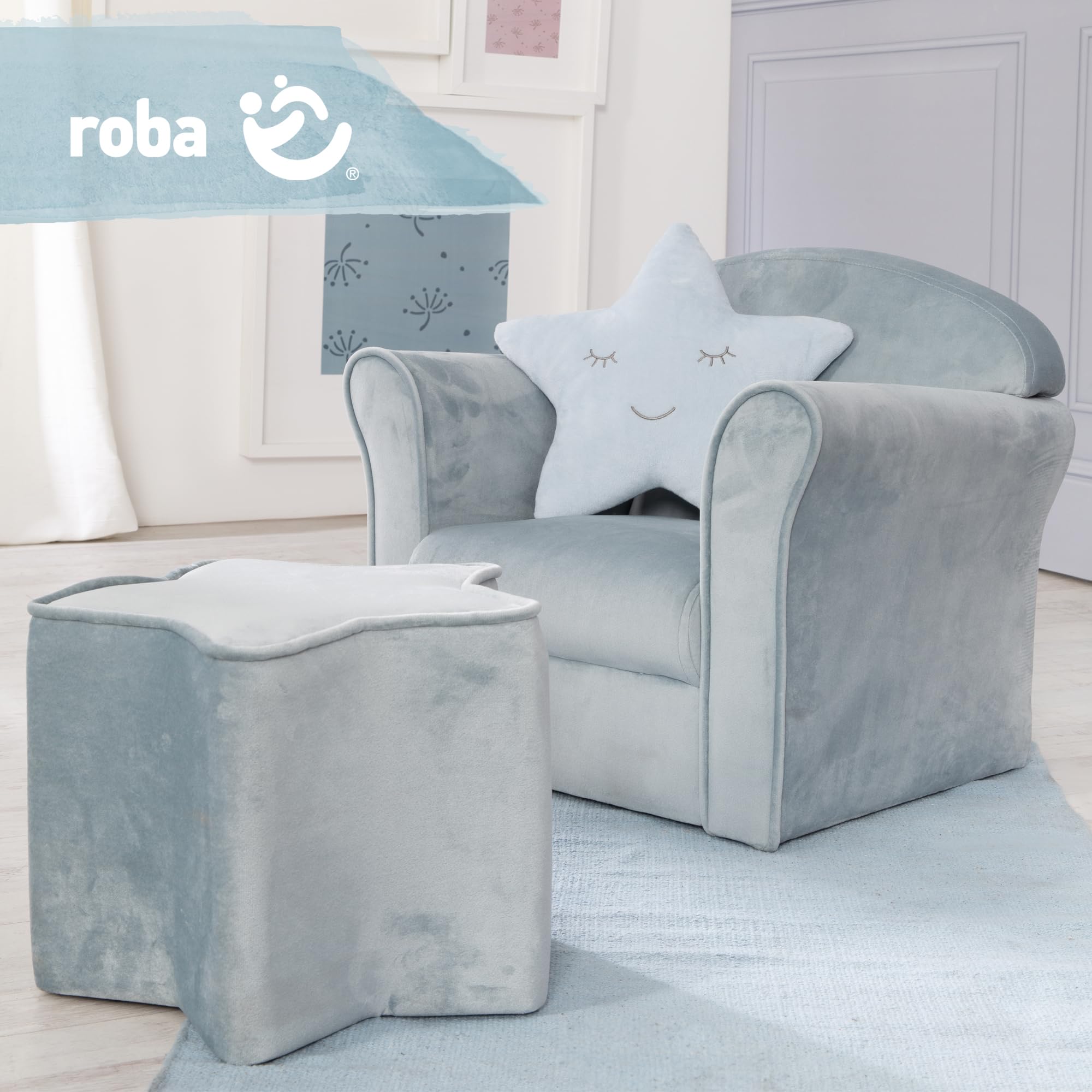 Roba Sillón Infantil Lil Sofá con reposabrazos, para niños y niñas, cómodo sillón para bebé, Tela de Terciopelo Azul, Mini sillón para bebé y habitación Infantil