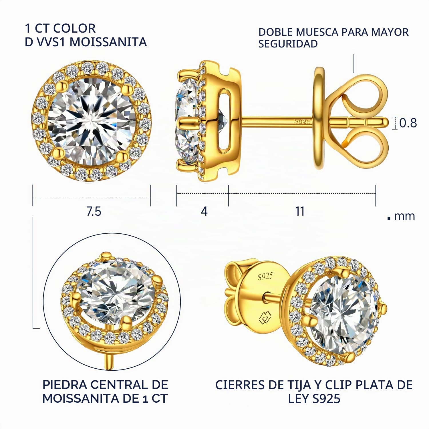 MomentWish Moissanita Pendientes Plata/Oro Mujer, 1-2 Quilates Moissanite Diamante Plata de Ley 925 Pendiente Hombre Hipoalergénico Regalo para Mujeres 5/6.5mm