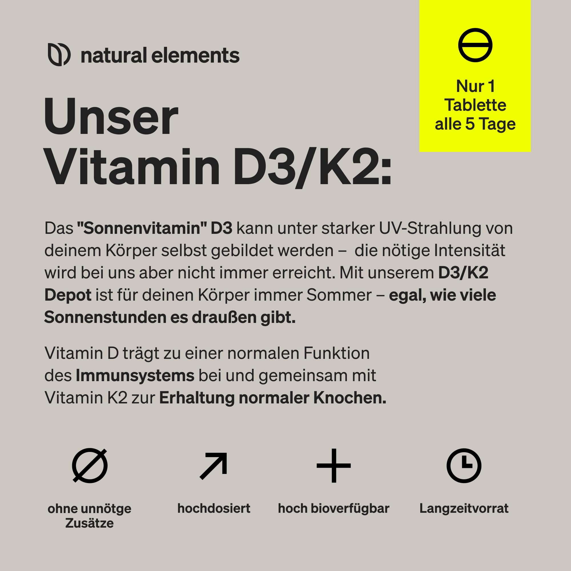 natural elements Vitamin D3 + K2 Depot – 180 Tabletten – Premium-Qualität: K2VITAL® von Kappa – 99,7+% All-Trans K2-MK7 + 5000 IE Vitamin D3 – hochdosiert, ohne Zusätze – laborgeprüfte Qualität