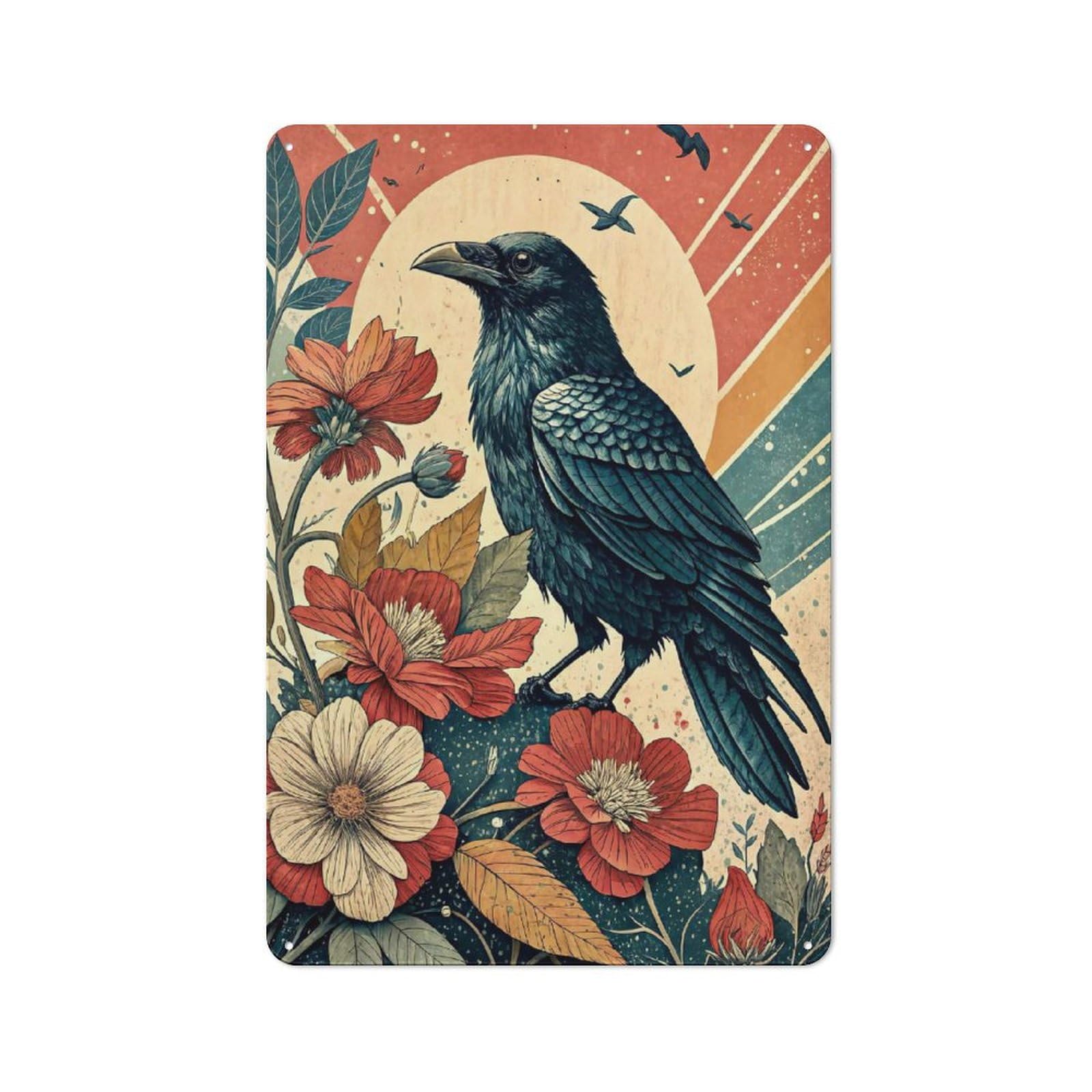 Junmoney Raven And Flowers Tin Wall Plaque With Design 30X20cm, Country Vintage Cottage Wall Art For Kitchen, Cottage, Porch Or Garden Room