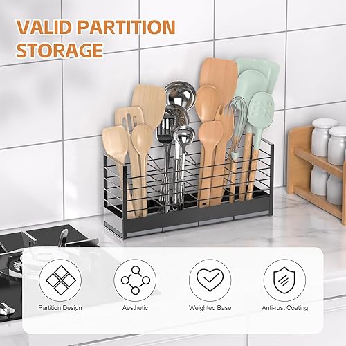 Miniatura 8 de Soporte grande para utensilios con base de tierra de diatomeas, para encimera de cocina, organizador de utensilios de cocina, 4 compartimentos
