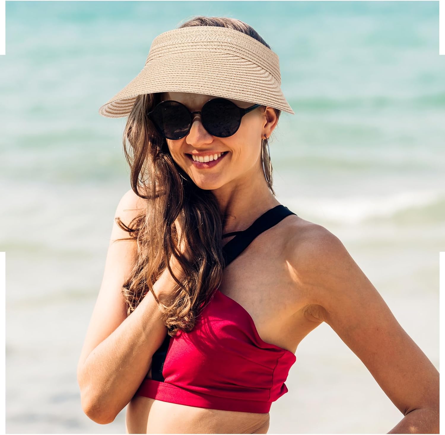 Sun Visor Hat for Women Wide Brim Straw Visors Beach Hat Ponytail UV UPF Packable Foldable Travel - Image 7