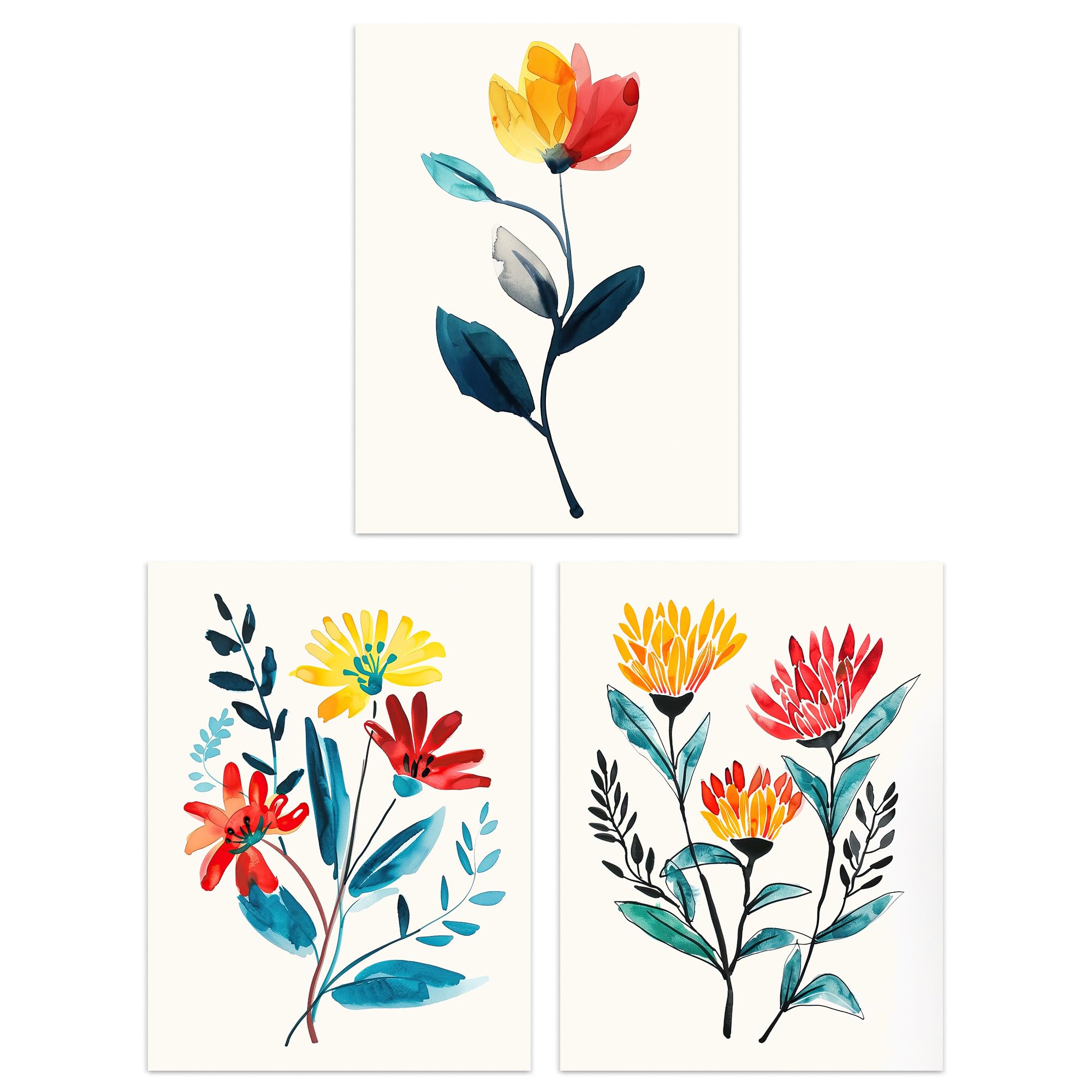 Wee Blue Coo Set of 3 Wildflower Floral Watercolour Art Prints - Bright Wall Art - W12 x H16 inch