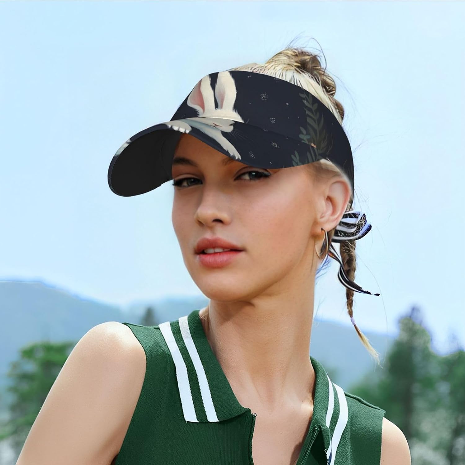(Cute White Rabbit) Adult Sun Visor Hat Adjustable Open Top Sports Cap Breathable for Men Women Beach Vacation Essentials