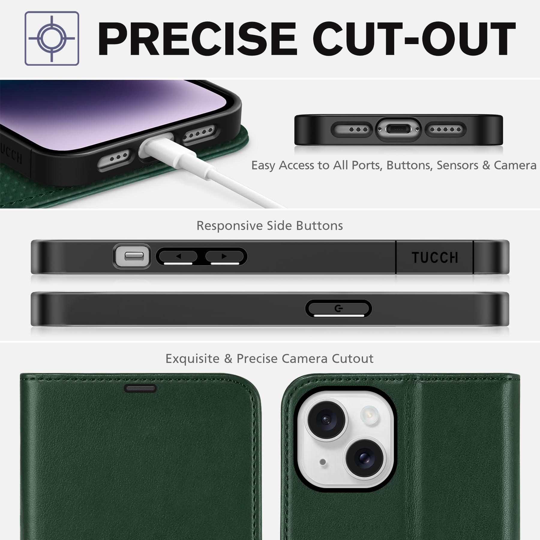 TUCCH Funda para iPhone 14, Flip Folio Carcasa Case, Funda de Cuero PU con Bloqueo RFID, Ranura para Tarjeta, Cierre Magnético, Funda Piel para iPhone 14 5G (6.1", 2022), Verde Medianoche