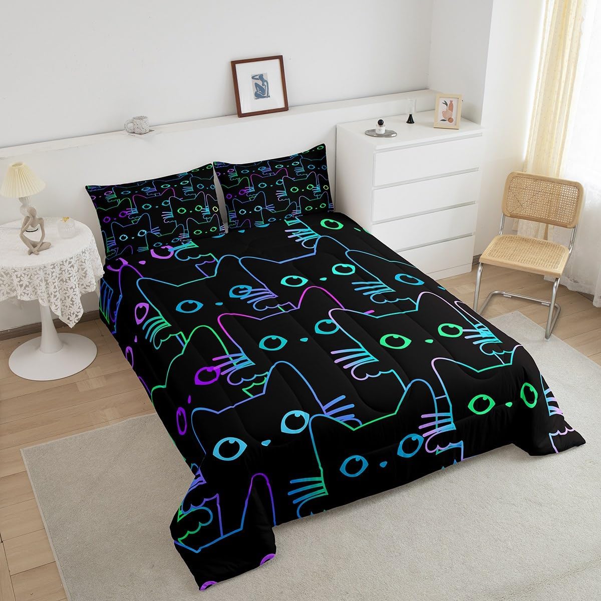 Erosebridal Cartoon Cat Bedding - Twin Cute Black Cat Comforter Set, Gradient Line Kitten Comforter, 2Pcs