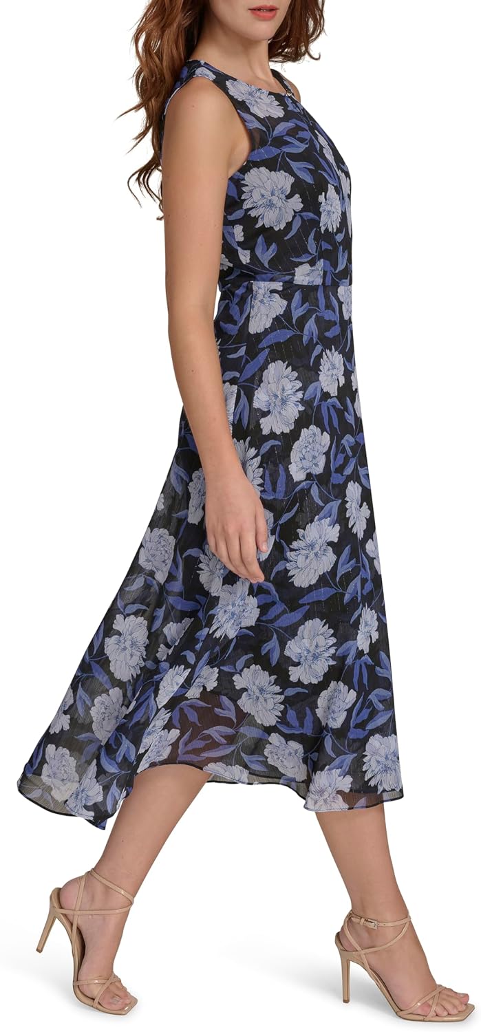 Tommy Hilfiger Women's Sleeveless Keyhole Neck Chiffon Belted Hi-Lo Midi Dress