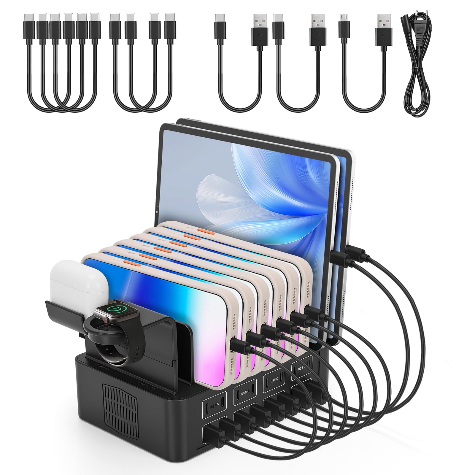Stazione di Ricarica da 150W, 16 Porte Caricatore USB con 8 Cavi corti e Regolabile supporto, 2-in-1 Rapida caricabatterie da scrivania per smartwatch, smartphone, tablet, MP3