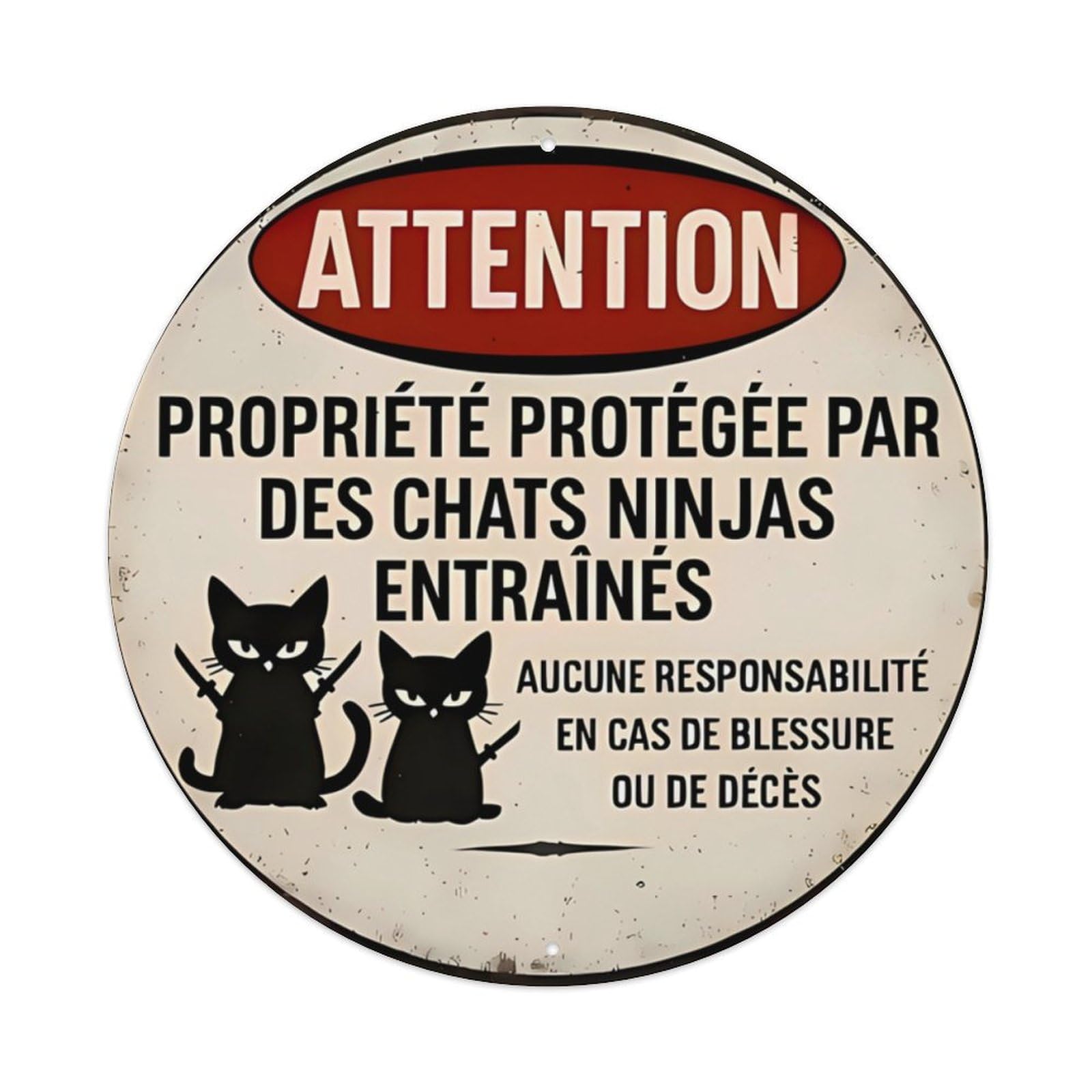 Funny French Ninja Cat Private Property Warning Sign Vintage Aluminium Metal Sign, Retro Wall Decor for Home, Bar, Garage & Farmhouse 20x20cm
