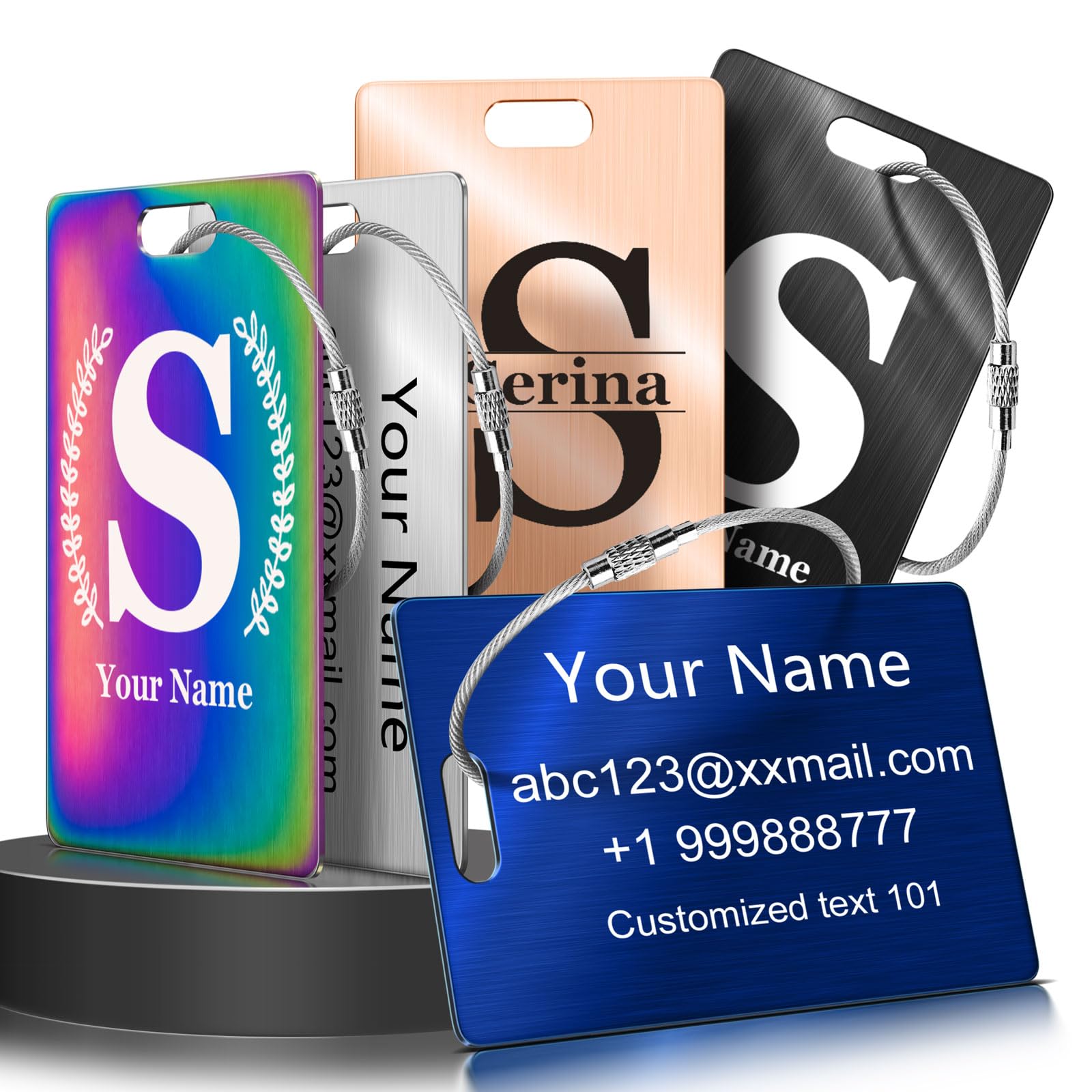 Metal Personalized Initial Luggage Tag - Laser Engraved Stainless Steel Custom Name ID Tags for Suitcase, Bag, Baggage, Backpacks Tag for Kids, Women