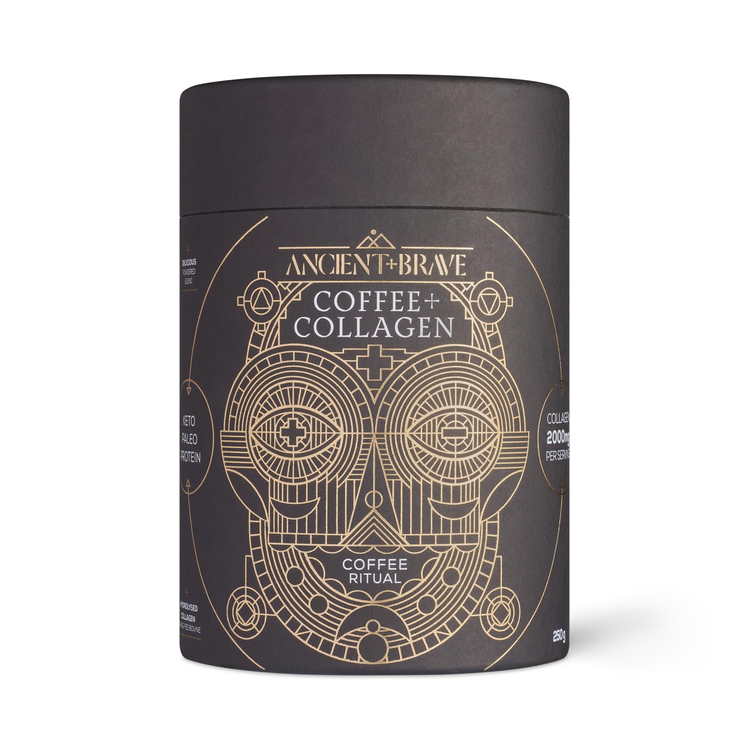 Ancient + Brave - Coffee + Collagen Powder 250g - Organic Brazilian Ground Coffee with Grass-Fed Hydrolysed Bovine Collagen - Collagen Coffee, Premium Blend Organic Cacao - High Protein, Keto Friendly