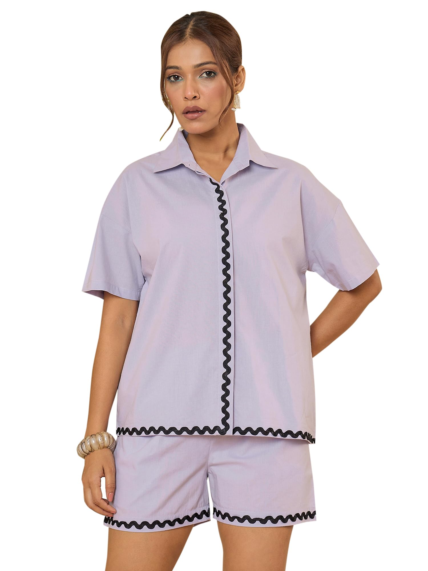 Oversized Shirt with Shorts Cotton Co-ord Set for Women-image-1