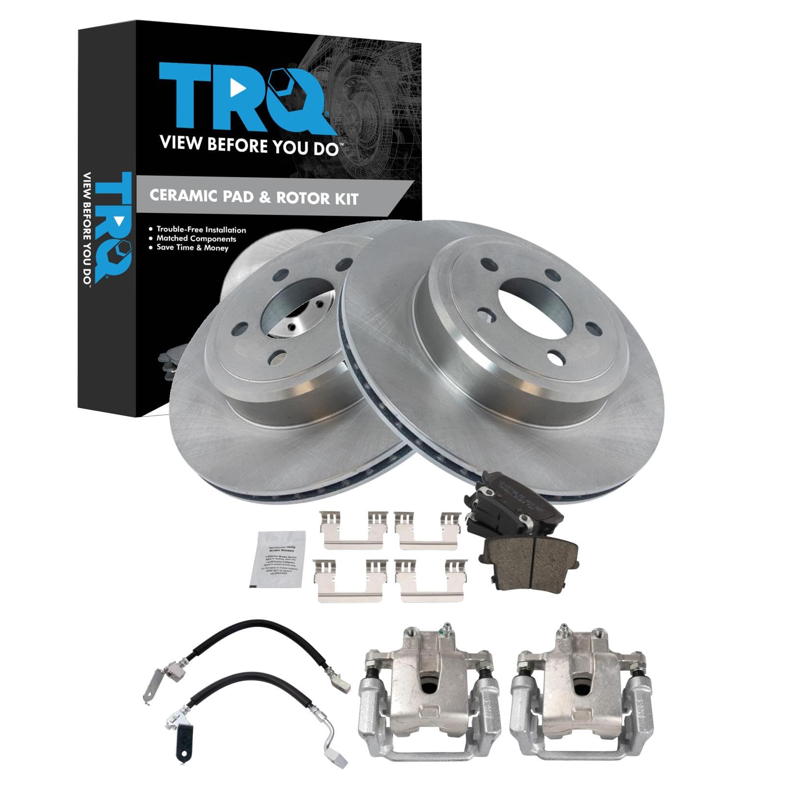 TRQ Rear Brake Pad and Rotor Set Ceramic Calipers Compatible with 2014 Chrysler 300 2013-2014 Dodge Challenger 2006 Charger