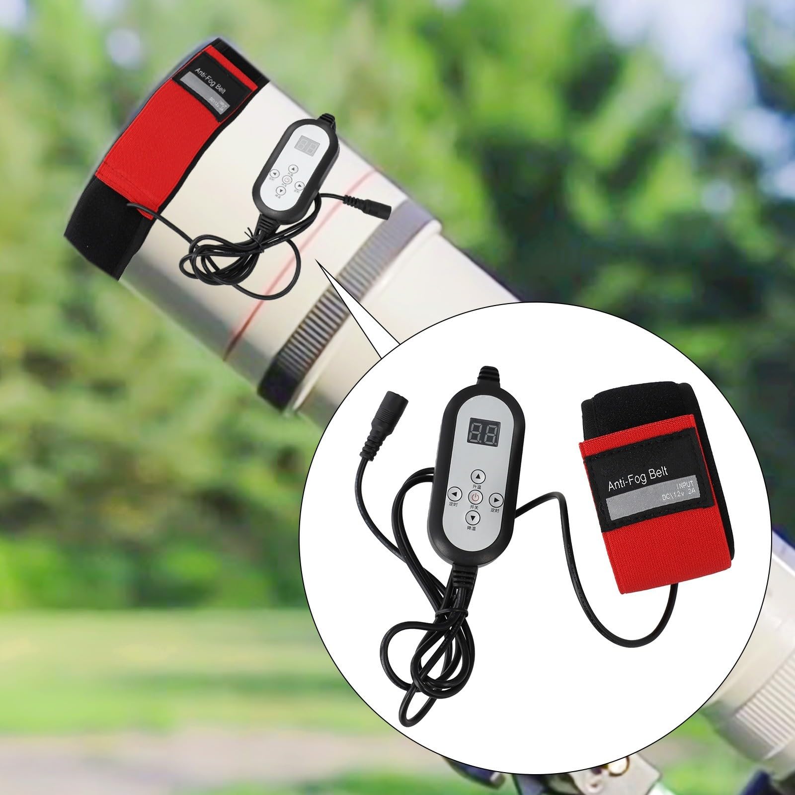 Bande de chauffage de rosée pour télescope d'astronomie – Chauffe-lentille en polyester avec thermostat intelligent | 12 V DC5521 pour longueurs/caméras de 65 à 300 mm (noir/rouge, tailles 330-1080 mm