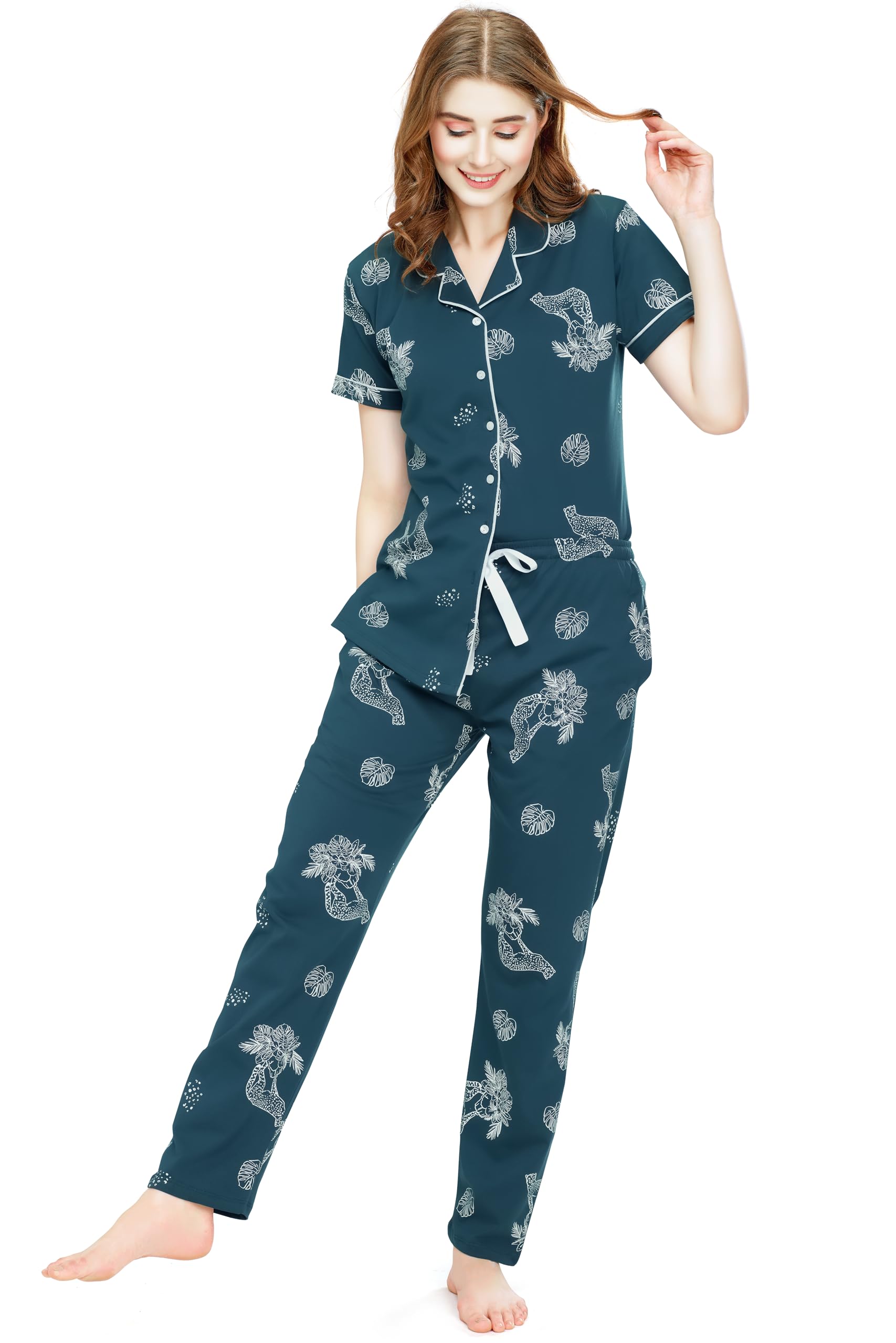Night Suit for Women's Floral & Cheetah Printed Cotton Night Dress of Shirt and Pajama Set 5755-image-2