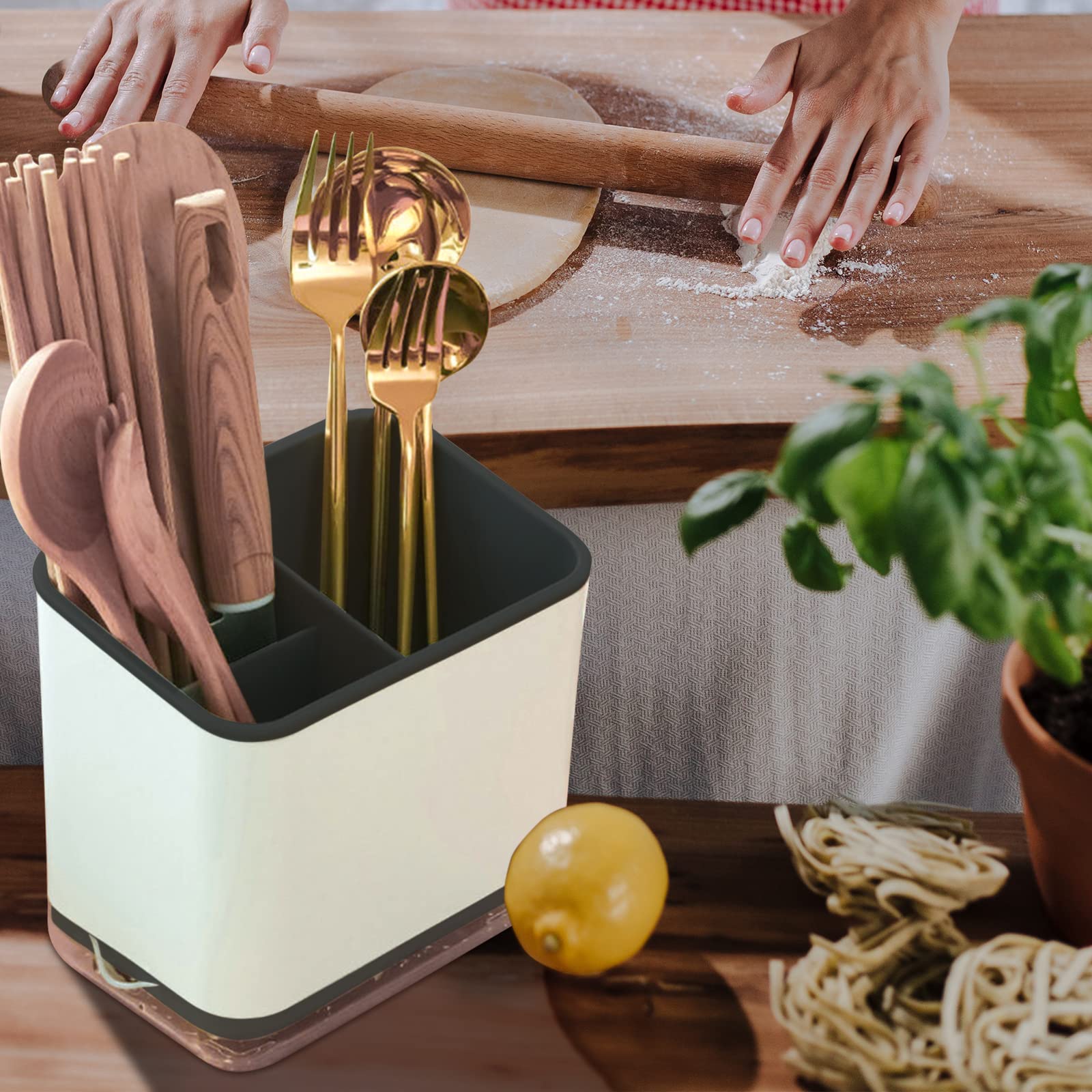 Soporte para utensilios, escurridor de cubiertos, soporte para palillos, cuchara, palillos, tenedor, cesta de drenaje, organizador de almacenamiento (negro)