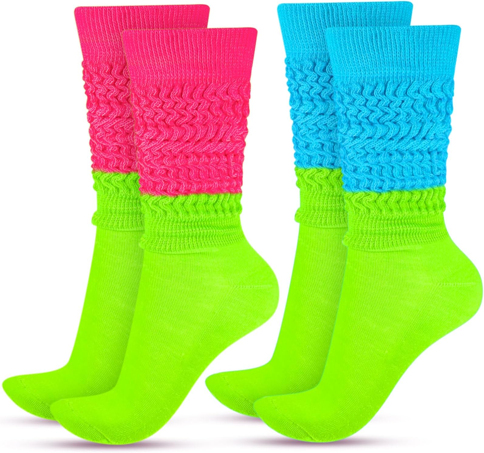 2 Pairs 80s 90s Neon Slouch Socks for Women Valentine Galentine's Day Soft Scrunch Socks Gift Extra Long Size 9 to 10