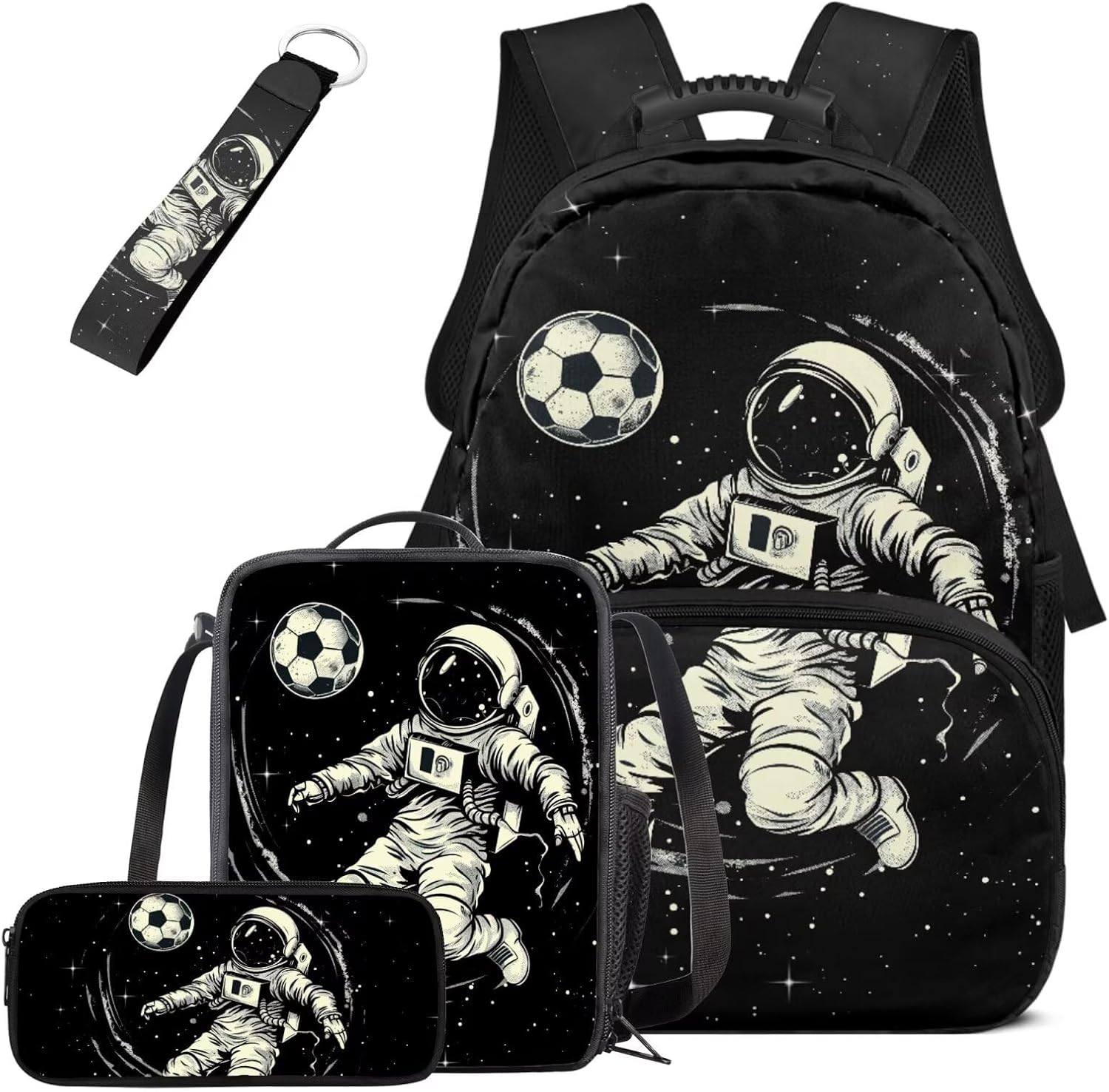 COEQINE 4 Pieces Black Soccer Astronaut Backpack for Boys 8-12 Lightweight Kindergarten Toddler Backpack and Lunch Box Set Boy 6-8 Age Pre School Bags with Pencil Box for Boys 3-4 Year for Birthday