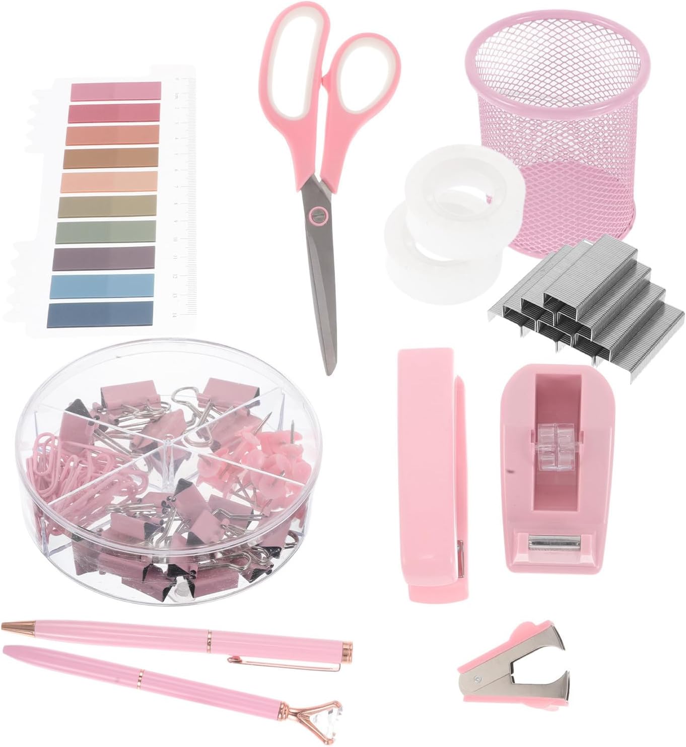 LIFKOME Desk Accessories Set for Women with Stapler, Tape Dispenser, and Staple Remover, Pink Plastic and Iron Office Supplies Kit for Schools and Offices, Longterm Reliability