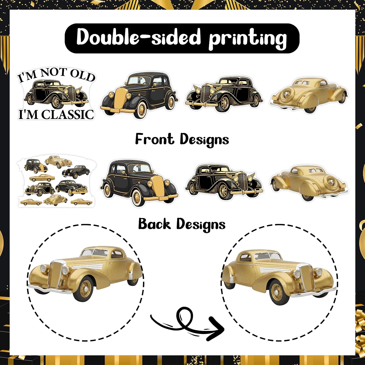 I'm Not Old I'm Classic Banner and Hanging Swirls Set, 9-piece DIY Black Gold Classic Car Party Decorations, Double-Sided Ceiling Streamers for Birthday or Retirement Photo Backdrop