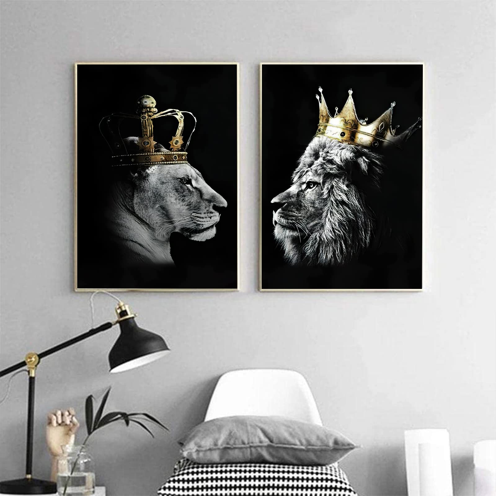 IUNTWEIE León y leona con corona, imágenes de lienzo en blanco y negro, póster de animales, decoración de arte animal salvaje, impresiones para sala de estar, sin marco (león -1, 2x50x70)