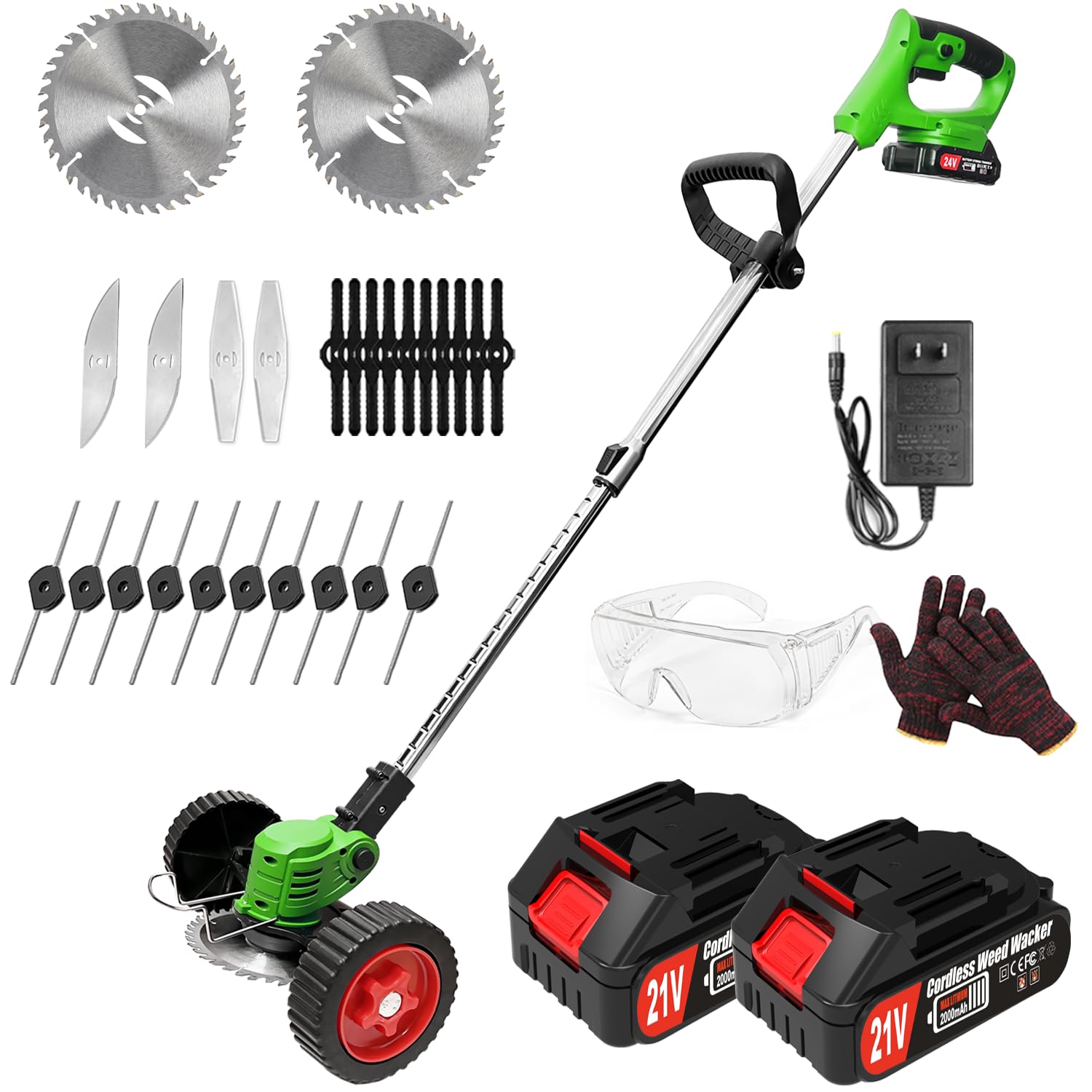 Weed Wacker Cordless Electric Battery Powered, with 26 Blades 2Pcs 21V Battery Lightweight Grass Trimmer Edger Lawn Tool, Push Wheeled No-String Trimmer for Garden Yard