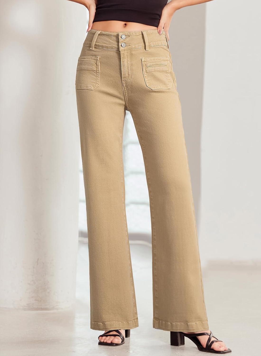 Sidefeel Women's Wide Leg Jeans High Waisted Tummy Control Stretchy Pockets Front Straight Leg Jeans - Image 4