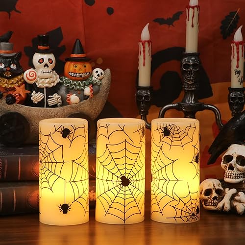 Miniatura 35 de Eldnacele - Velas LED parpadeantes sin llama de Halloween con temporizador de 6 horas, velas de cera que funcionan con pilas, con calcomanías