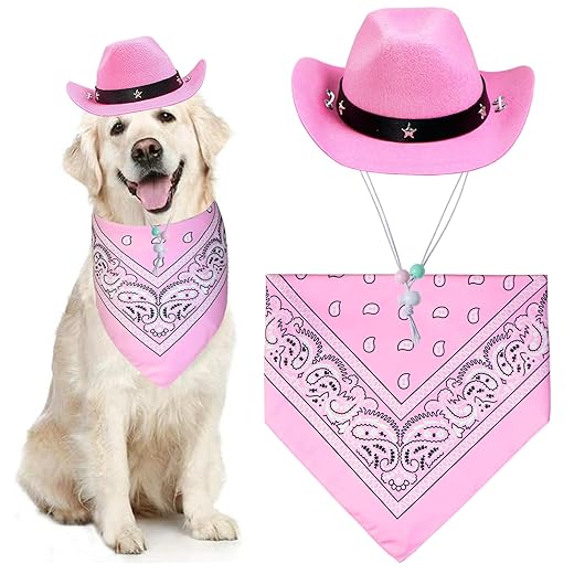 GOYOSWA Dog Halloween Costumes, Dog Cowboy Costume Halloween Pet Cowboy Hat Bandana Scarf for Small Medium Large Dogs Pets (Pink Hat & Pink Bandana, Large)
