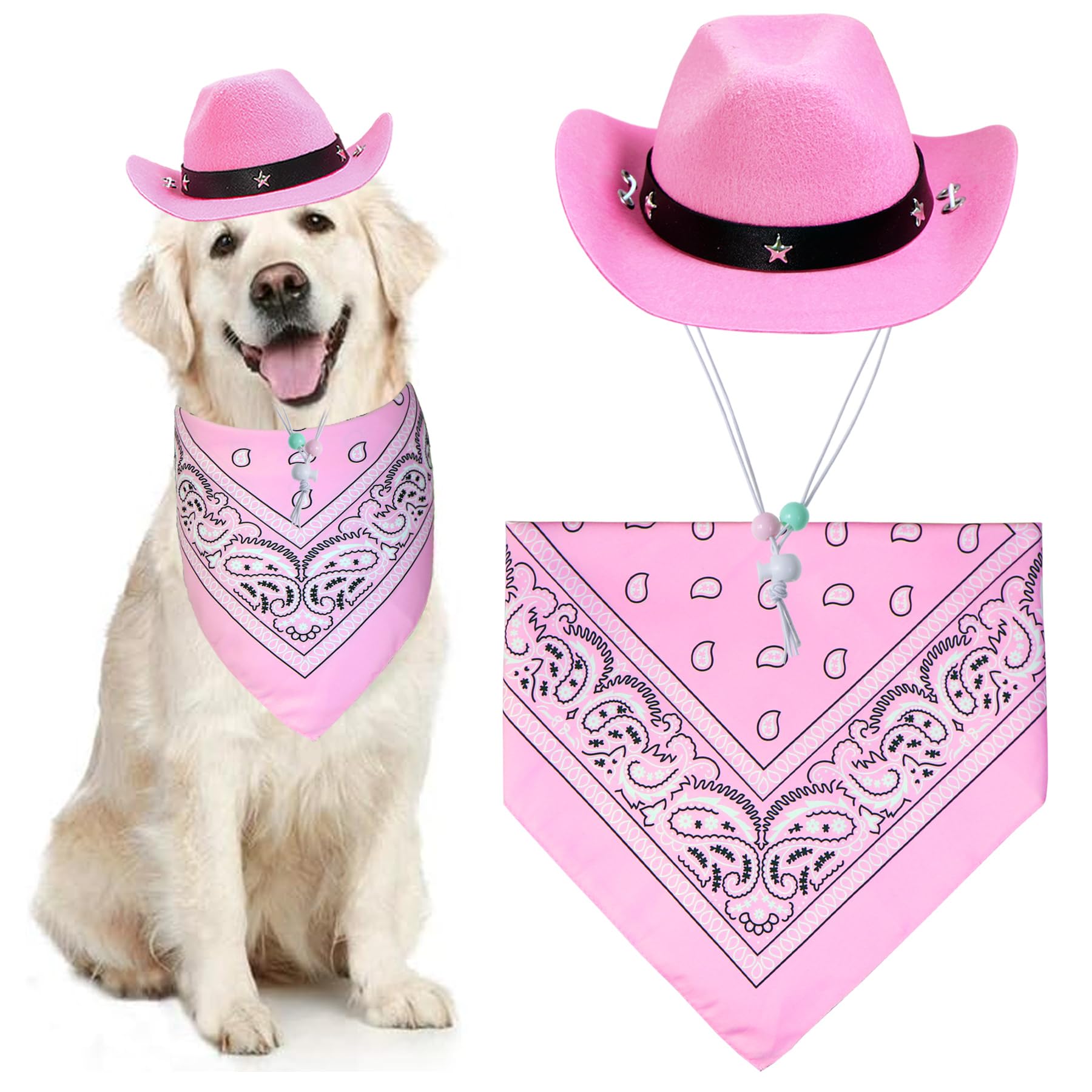GOYOSWA Dog Halloween Costumes, Dog Cowboy Costume Halloween Pet Cowboy Hat Bandana Scarf for Small Medium Large Dogs Pets (Pink Hat & Pink Bandana,