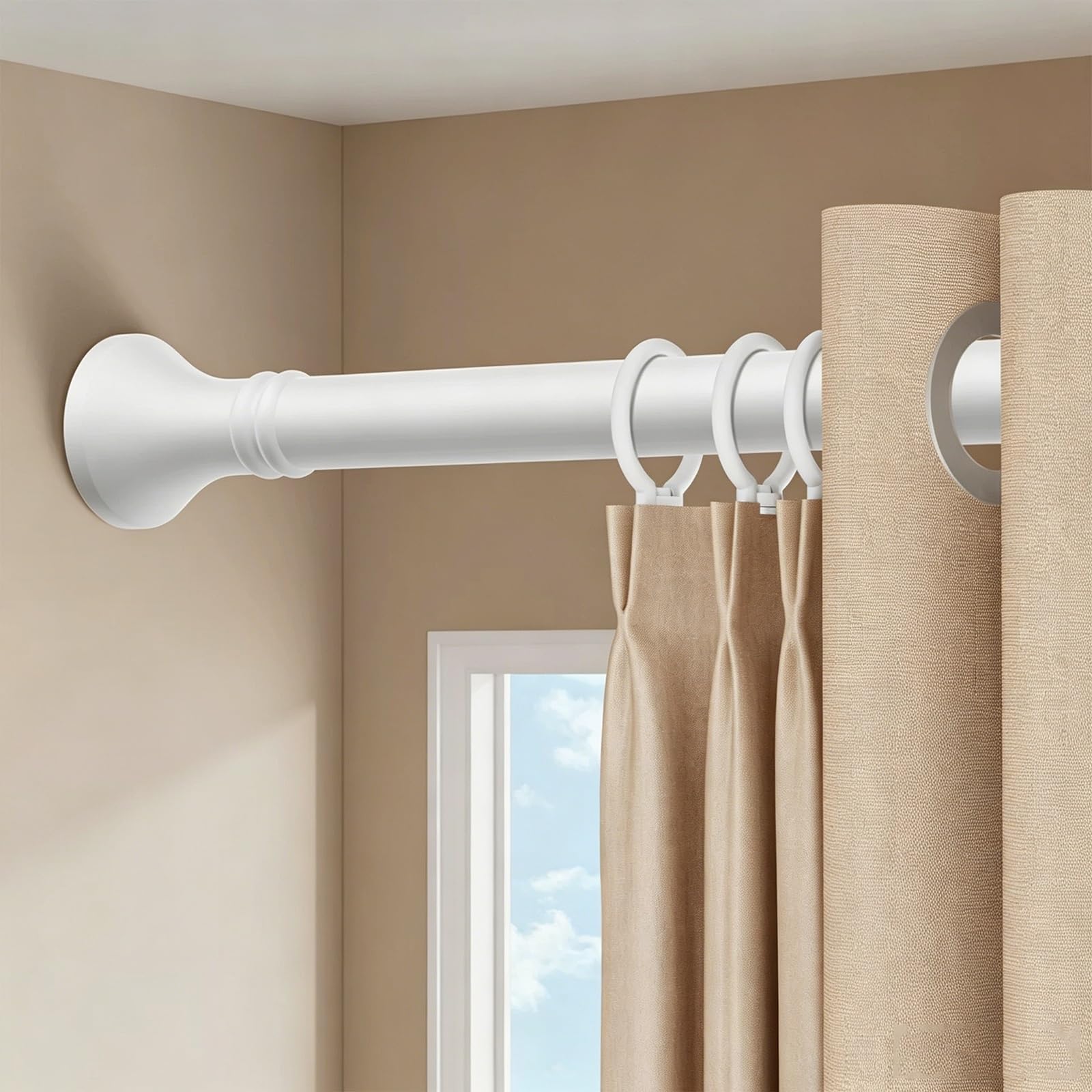 Stainless Steel Tension Curtain Rod with 10 Rings Adjustable 16-197in Rustproof Shower Curtain Rod No Drilling for Bathroom Bedroom Kitchen Windows(White,210-300cm/83-118in)