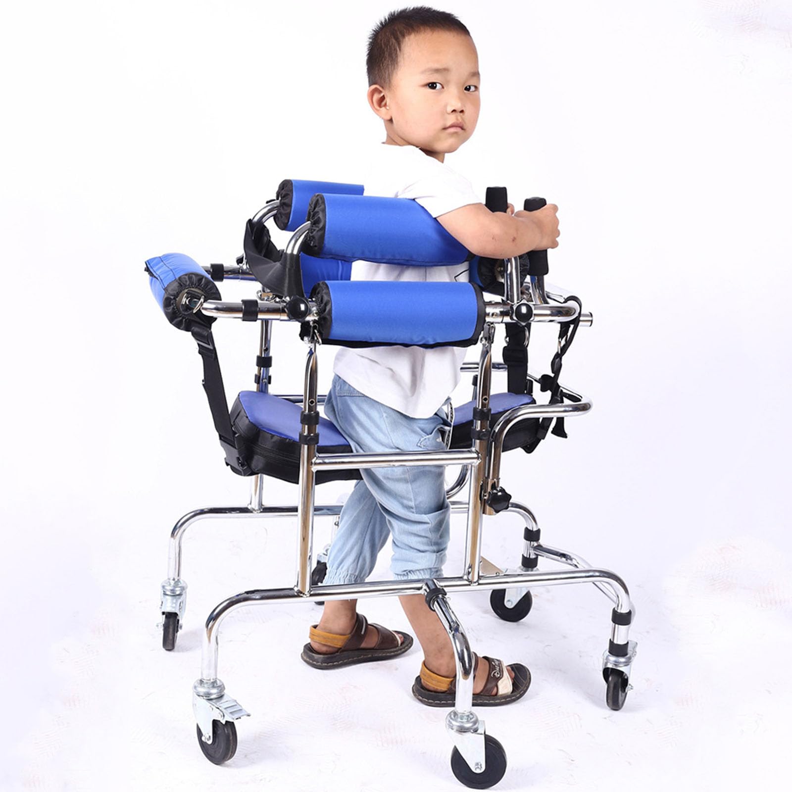 Andador andador con asiento para niños, altura ajustable, ancho con ruedas, marco de pie para rehabilitación de hemiplejía, 6 ruedas, antiinclinación, cinturón plegable, ayuda para caminar
